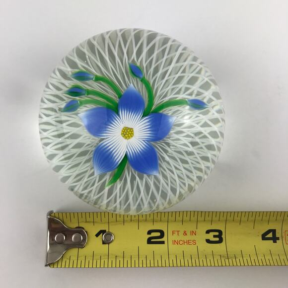Perthshire 1984D Floral Spray Blue Lampwork Flower Spiral Latticinio Paperweight - Picture 7 of 13